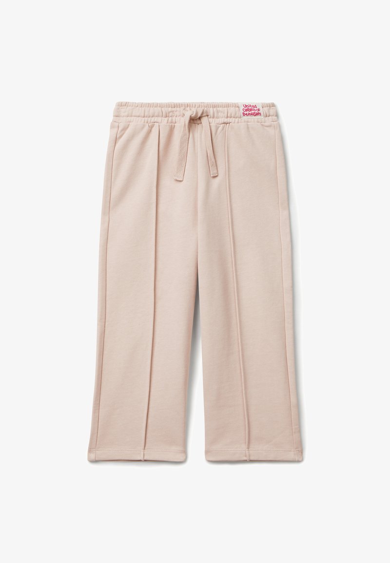 Světlé růžové kalhoty z měkké bavlněné směsi s elastickým pasem a šnůrkou na stažení. Mají přehyby a šité lemy.