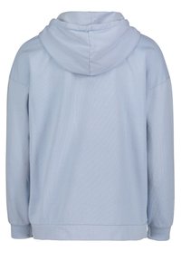 Sweat à capuche bleu clair vu de dos avec manches longues, capuche et coupe décontractée sur fond blanc.