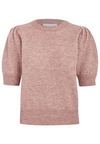 Měkký růžový svetr s krátkým rukávem, s vyboulenými rameny, s žebrovaným kulatým výstřihem, manžetami a lemem, vyrobený z texturovaného pleteného materiálu.