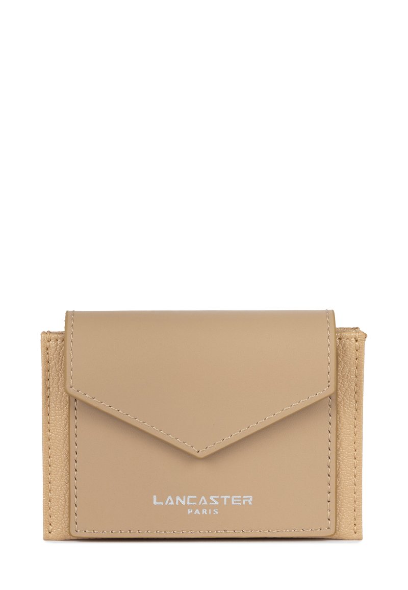 Beige leather wallet with a textured finish, featuring an envelope-style closure and embossed "Lancaster Paris" logo in silver.