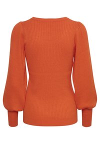 Maglione a coste in un vivace arancione con maniche lunghe puffate e design aderente. La vista posteriore mostra una texture liscia e cuciture sottili.