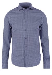 Mörkblå rutigt långärmad skjorta med button-down krage, strukturerad tyg och mörka knappar. Framträdande små rutmönster över hela.