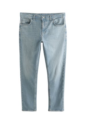 Hellblaue Denim-Jeans in schmaler Passform, mit Fünf-Taschen-Design, Reißverschluss und dezentem Verblassen im Stoff für Textur.