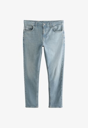 Lyseblå denimjeans med en slank pasform, der har en styling med fem lommer, lynlås og diskret falmning i stoffet for tekstur.