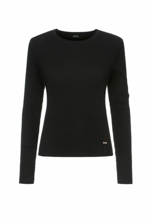 Czarny prążkowany top z długim rękawem o okrągłym dekolcie. Posiada złoty akcent z logo na dole. Wykonany z fakturowanej dzianiny.