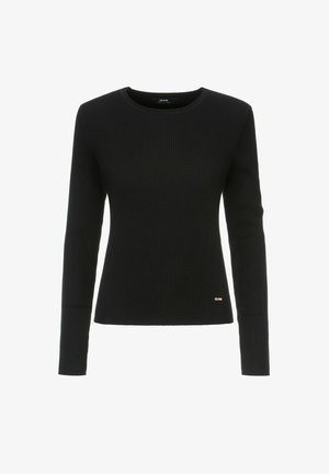 Czarny prążkowany top z długim rękawem o okrągłym dekolcie. Posiada złoty akcent z logo na dole. Wykonany z fakturowanej dzianiny.