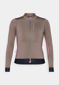 Giacca da ciclismo a maniche lunghe marrone con pannelli laterali rosa, zip frontale e dettagli neri sull'orlo e sui polsini. Tessuto morbido e elasticizzato.