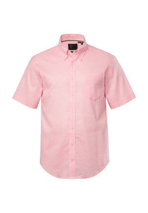 Kurzärmliges rosa Hemd aus leichtem Stoff mit Knöpfen. Verfügt über eine Brusttasche und einen Kragen. Glatte Textur und gleichmäßige Farbe.