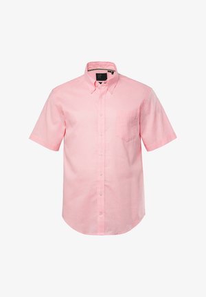 Lyserød skjorte med korte ærmer og knapper, lavet af let stof. Har en brystlomme og en krave. Glat tekstur og ensartet farve.