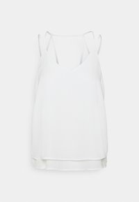 Witte, mouwloze top gemaakt van lichtgewicht stof. Heeft een v-vormige halslijn, delicate schouderbanden en een iets langere achterkant.