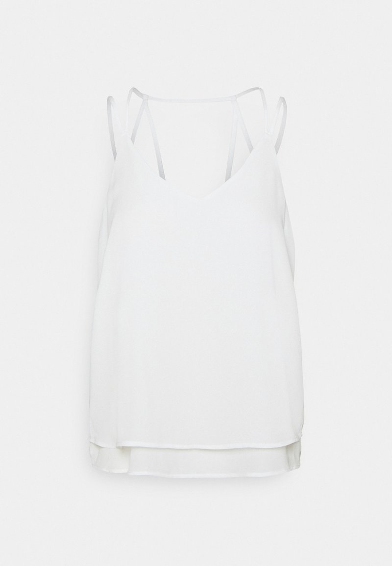 Witte, mouwloze top gemaakt van lichtgewicht stof. Heeft een v-vormige halslijn, delicate schouderbanden en een iets langere achterkant.