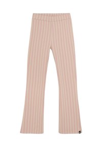 Roze en crèmekleurige gestreepte flare-pantalons met een zachte textuur, voorzien van een elastische tailleband en een klein logo-label aan de onderkant links.