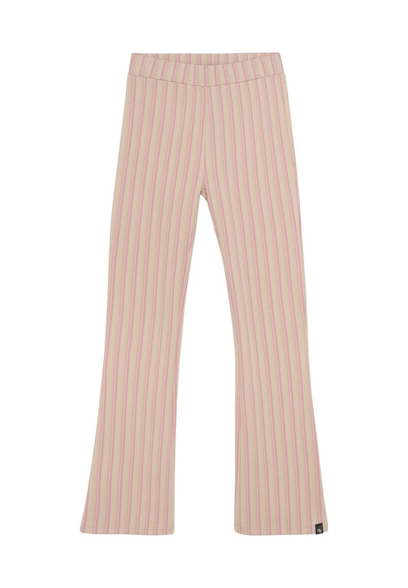 Roze en crèmekleurige gestreepte flare-pantalons met een zachte textuur, voorzien van een elastische tailleband en een klein logo-label aan de onderkant links.