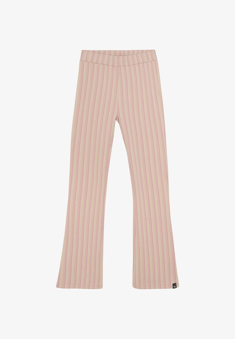 Roze en crèmekleurige gestreepte flare-pantalons met een zachte textuur, voorzien van een elastische tailleband en een klein logo-label aan de onderkant links.