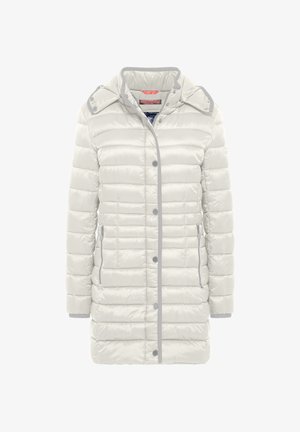 Leichte, plüschige Jacke in Off-White, mit horizontalen Steppabschnitten, grauen Details, vorderen Knöpfen und seitlichen Reißverschlusstaschen.