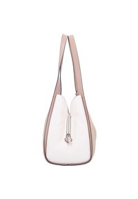 Borsa in pelle con corpo bianco ampio, forma arrotondata e dettagli contrastanti marrone chiaro. Presenta una cerniera frontale e doppi manici a tracolla.