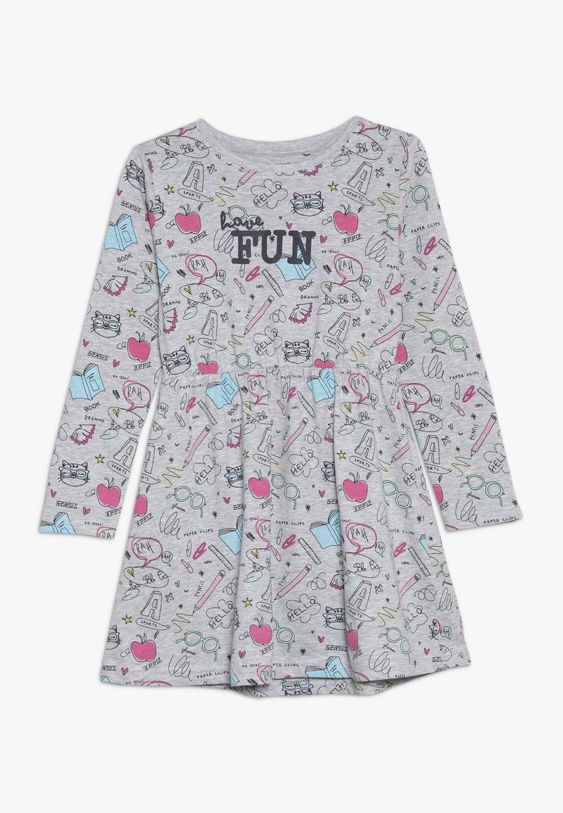 Robe grise à manches longues avec des gribouillis colorés sur le thème de l'école, comprenant des pommes, des livres, des lunettes, des crayons et le texte "FUN" sur la poitrine.