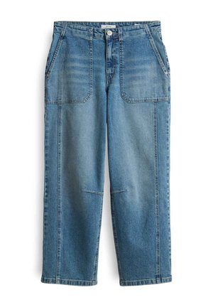 Pantaloni in denim di un azzurro chiaro con vestibilità ampia, dotati di due tasche frontali, chiusura a bottone e dettagli di cucitura a vista.