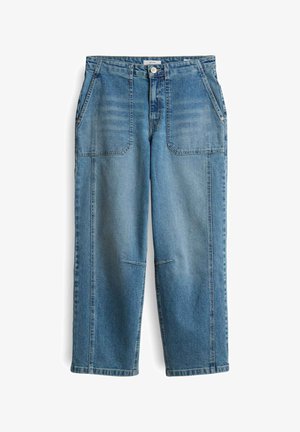 Helle blaue Denim-Hosen mit lockerer Passform, versehen mit zwei vorderen Taschen, einem Knopfverschluss und sichtbaren Nähdetails.