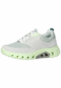 Scarpa sportivo grigio chiaro con tomaia in rete e suede, dettagli in verde neon, lacci bianchi e suola testurizzata e ammortizzata con ritagli.