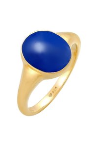 Bague en or avec une grande pierre précieuse ovale bleu profond, bande lisse et polie, et poinçon de pureté argent "925" à l'intérieur de la bande.