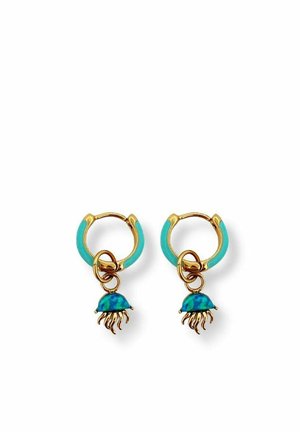 Small gold hoop earrings with turquoise enamel and dangling blue jellyfish charms.