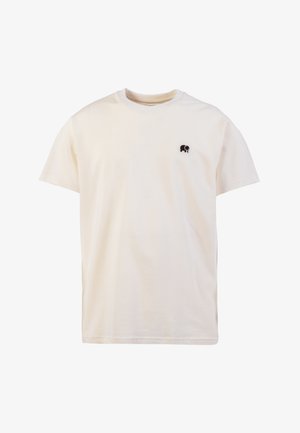 Crème katoenen T-shirt met een ronde hals, korte mouwen en een klein zwart olifantenlogo op de linkerkant van de borst. Soepele textuur, casual ontwerp.
