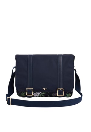 Navy blue messenger bag with adjustable strap, two front buckle straps, floral detail at bottom, and small gold bee emblem.