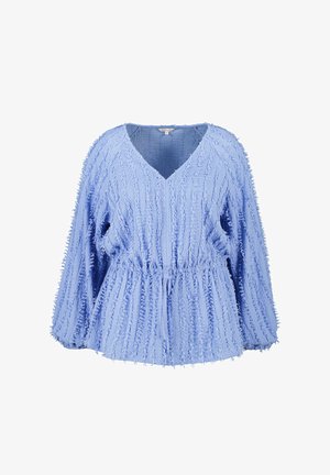 Lichtblauwe blouse met lange mouwen, een V-hals, een tunnelkoord in de taille en een patroon van verticale rafelige strepen.