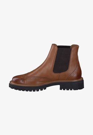 Brown leather Chelsea boot with black elastic side panel, brogue detailing, and thick black ridged sole.