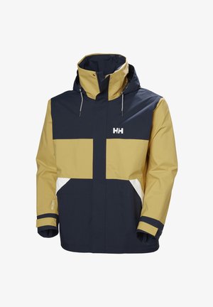 Color-blocked waterproof jacket with a yellow and navy design. Features a high collar, adjustable hood, and zippered pockets.