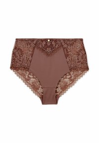 Culotte taille haute en brun avec un devant en tissu lisse et un détail en dentelle intricé sur les côtés, arborant des bords festonnés.