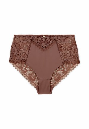 Culotte taille haute en brun avec un devant en tissu lisse et un détail en dentelle intricé sur les côtés, arborant des bords festonnés.