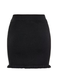 Fustă mini neagră din tricot cu dungi, cu o margine volanată, având un talie groasă și un croi ajustat. Material texturat cu linii verticale.