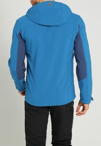 Blauwe jas met een capuchon, voorzien van donkerblauwe accenten op de mouwen en zijkanten. Gemaakt van een gladde, rekbare stof met een nauwsluitend ontwerp.