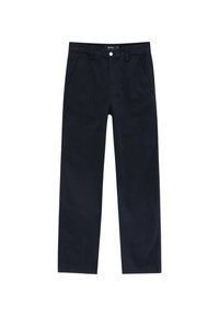 Chinos azul marino de algodón. Diseñados con un ajuste estándar, que cuentan con dos bolsillos frontales y un cierre de botón en la cintura.