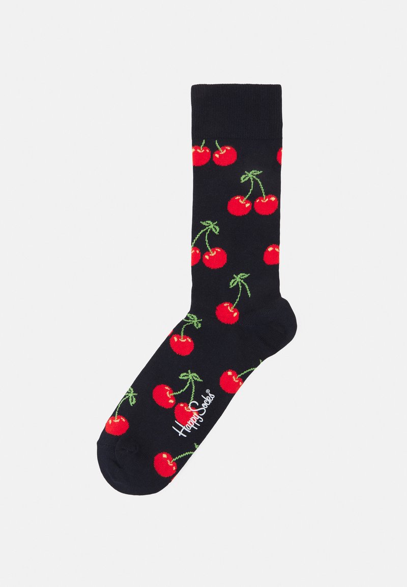 Tamsiai mėlyni kojinai su raštu, kuriame pavaizduotos raudonos vyšnios ir žalios koteliai. Yra susikaupusios kraštinės kraštas ir balta "Happy Socks" užrašas.