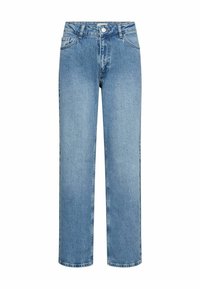 Világoskék, magasderekú egyenes szabású farmernadrág elöl gombbal és cipzárral, övbújtatókkal, valamint elülső és hátsó zsebekkel.