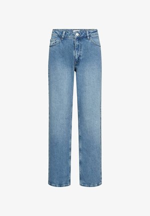 Vaaleansiniset korkeavyötäröiset suorat farkut, joissa edessä nappi ja vetoketju, vyölenkit sekä etu- ja takataskut.