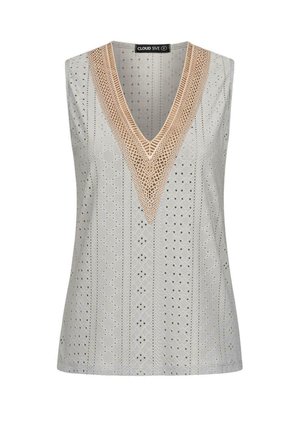 Světlé šedé bezrukávové tričko s hlubokým výstřihem do V. Obsahuje dekorativní krajkové detaily a texturovanou, vzorovanou látku.