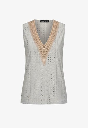 Světlé šedé bezrukávové tričko s hlubokým výstřihem do V. Obsahuje dekorativní krajkové detaily a texturovanou, vzorovanou látku.