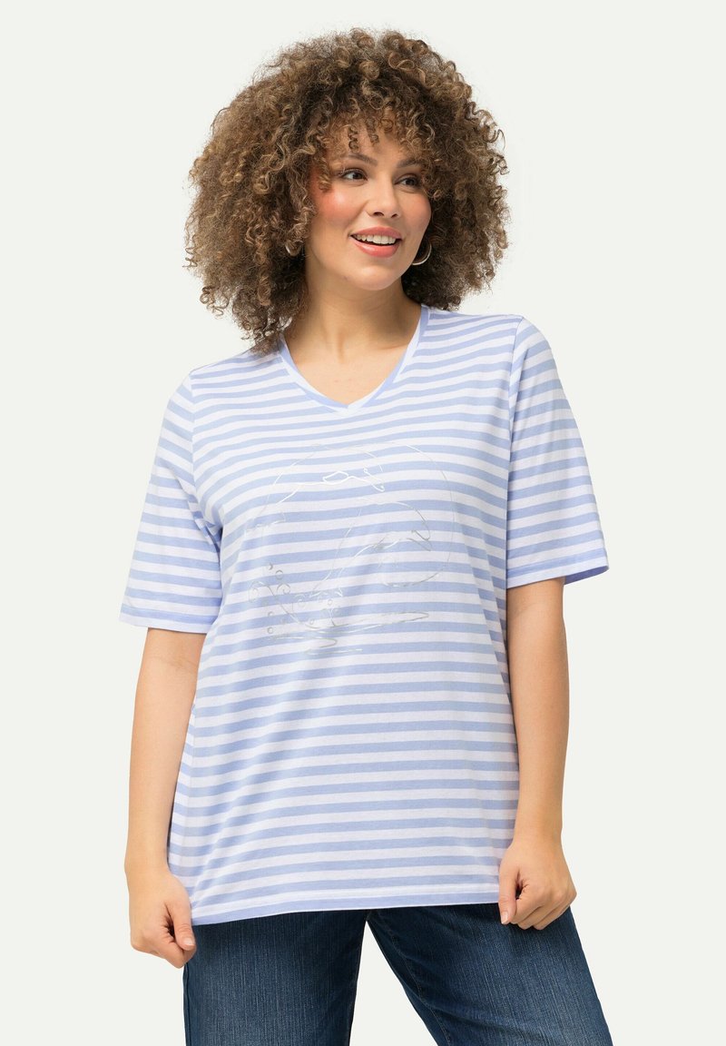 Ulla Popken STRIPED WILDLIFE GRAPHIC - Triko s potiskem - sky blue