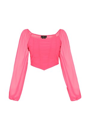 Élénk rózsaszín rövidített blúz áttetsző, hosszú, puffadt ujjakkal és négyzet alakú kivágással.