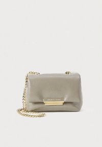 Gray leather crossbody bag with a textured finish, gold-tone chain strap, and a front flap closure featuring a branded metal accent.