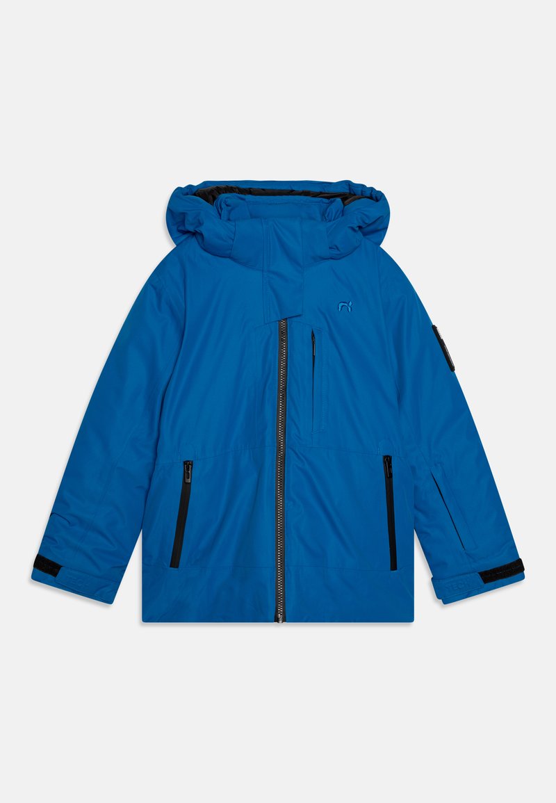 Casaco acolchoado azul com capuz, apresentando um fecho frontal com zíper, dois bolsos laterais com zíper e um bolso no peito com detalhes em preto e punhos em velcro.