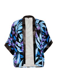 Bloemen kimono met een zwarte achtergrond, met levendige blauwe en paarse bloemen. Satijnen afwerking langs de open voorkant en de mouwen.
