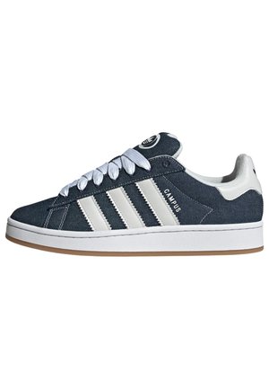 Dark blue Adidas Campus sneaker with white stripes, white laces, and a white sole with gum bottom.