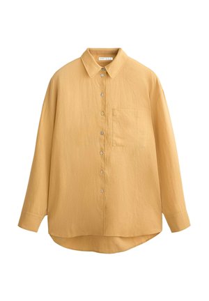 Mustard yellow button-up shirt with a collar, long sleeves, textured fabric, and a single chest pocket; rounded hem and shell buttons.