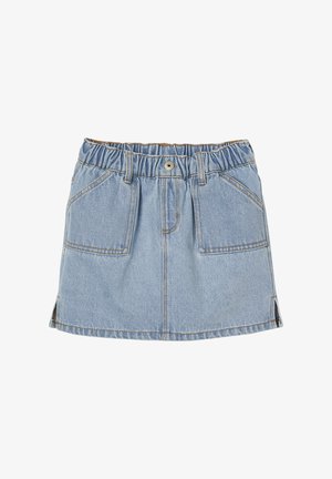 Light blue denim skirt with elastic waistband, front button, two large front pockets, and small side slits at the hem.