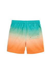 Shorts de bain avec un design dégradé, passant d'un bleu aqua en haut à un orange en bas, dotés d'une taille élastique et d'une poche arrière.